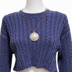 Aerie Women's M Cable Knit Dark Blue Cropped Crew Neck Y2K Sweater, Preppy